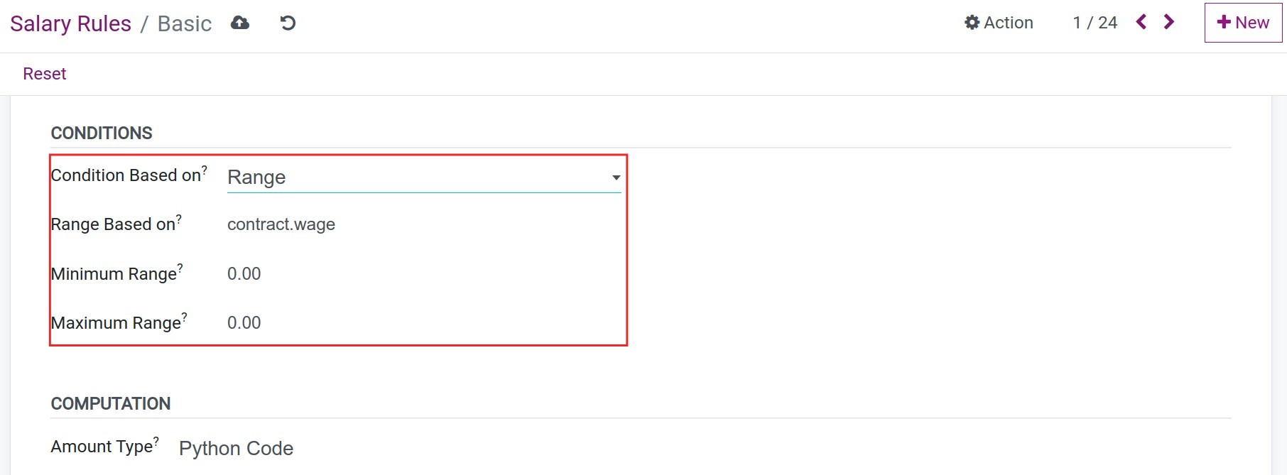 Range condition Salary Rule Payroll Viindoo