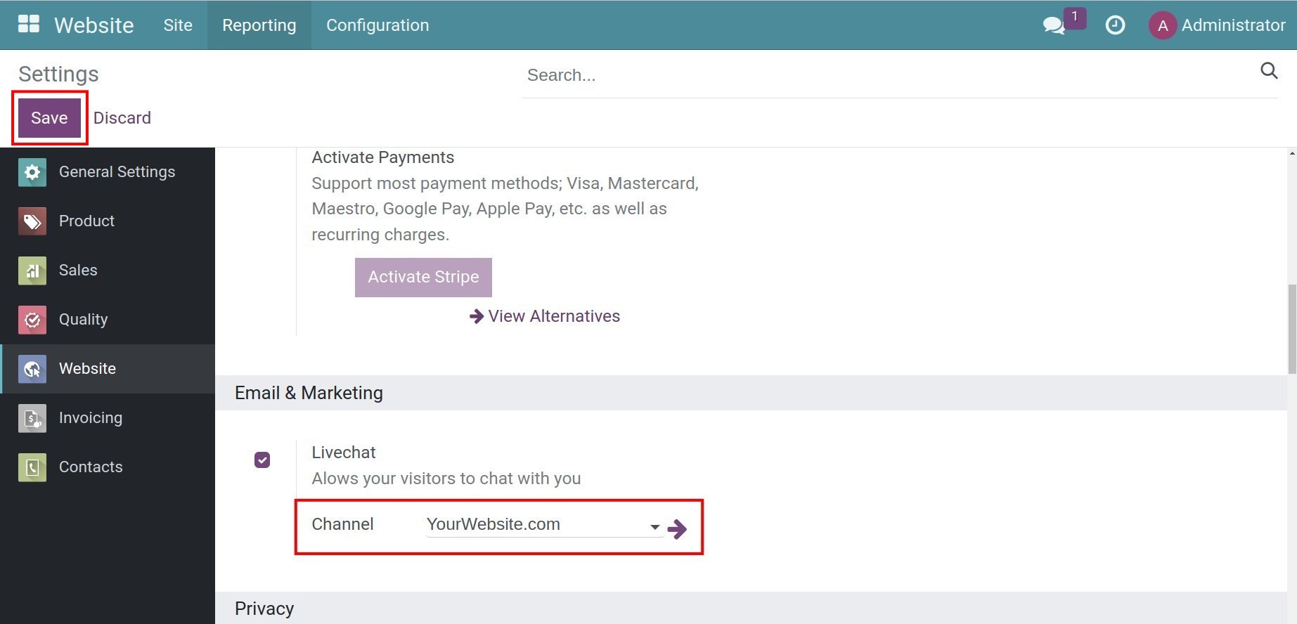 Live chat channel link up to the website