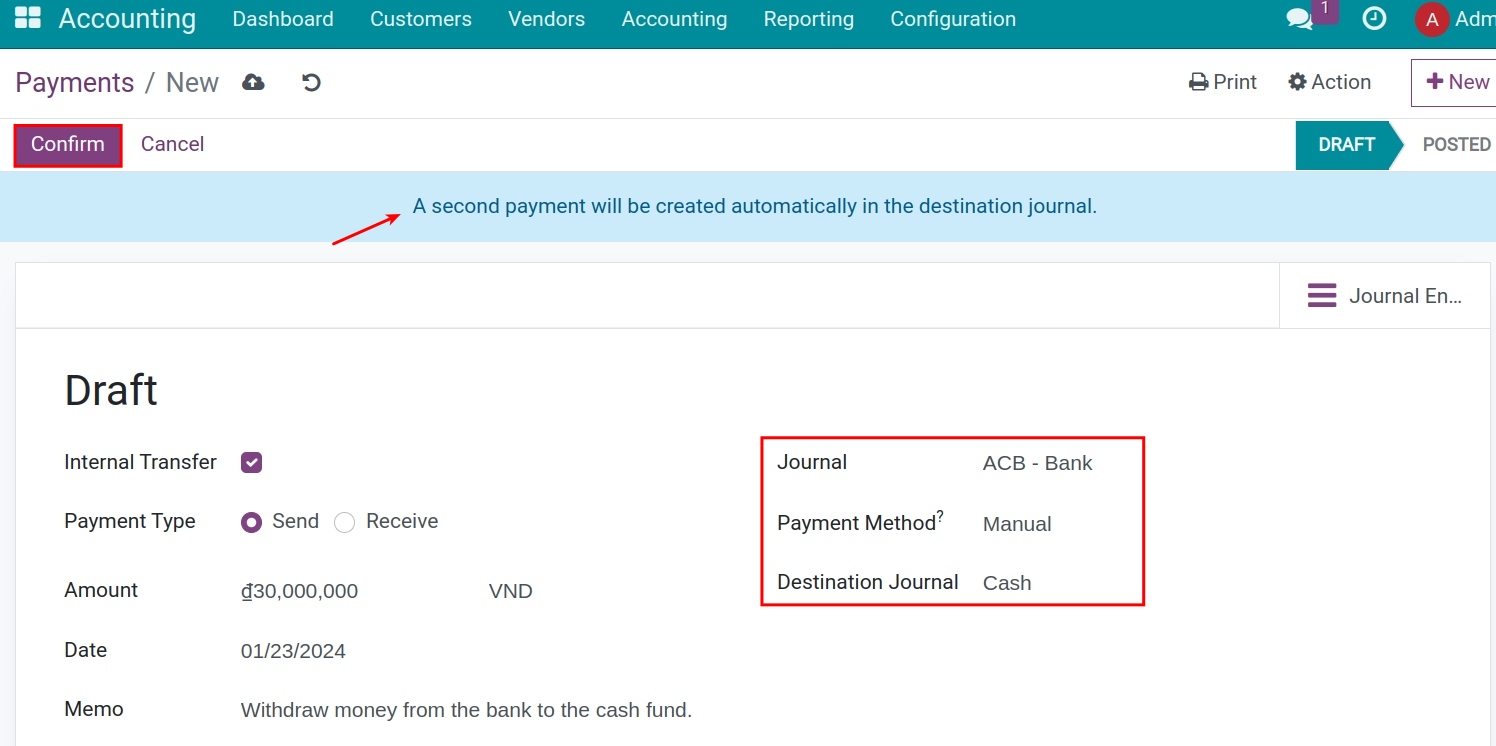Withdraw money to cash on hand