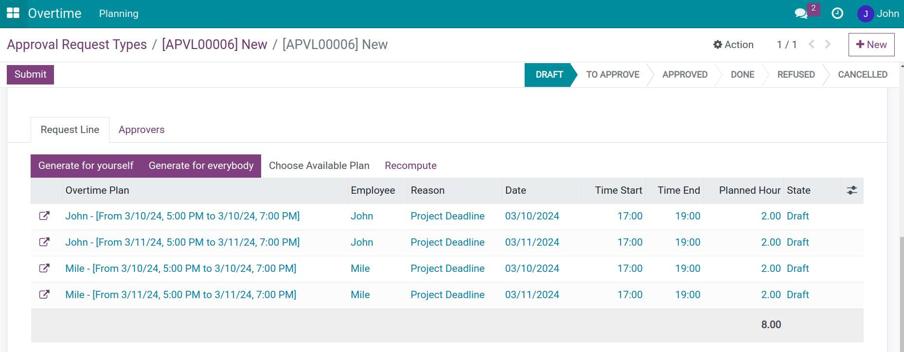 Overtime approval request