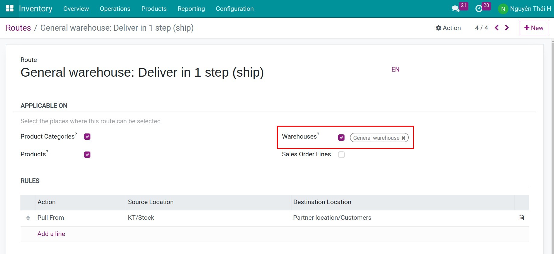 Route configuration on Warehouses Inventory Viindoo