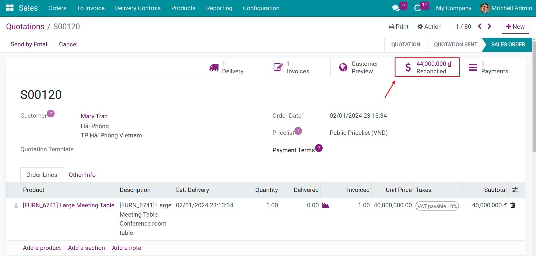 The payment information linked to the sales order in Viindoo