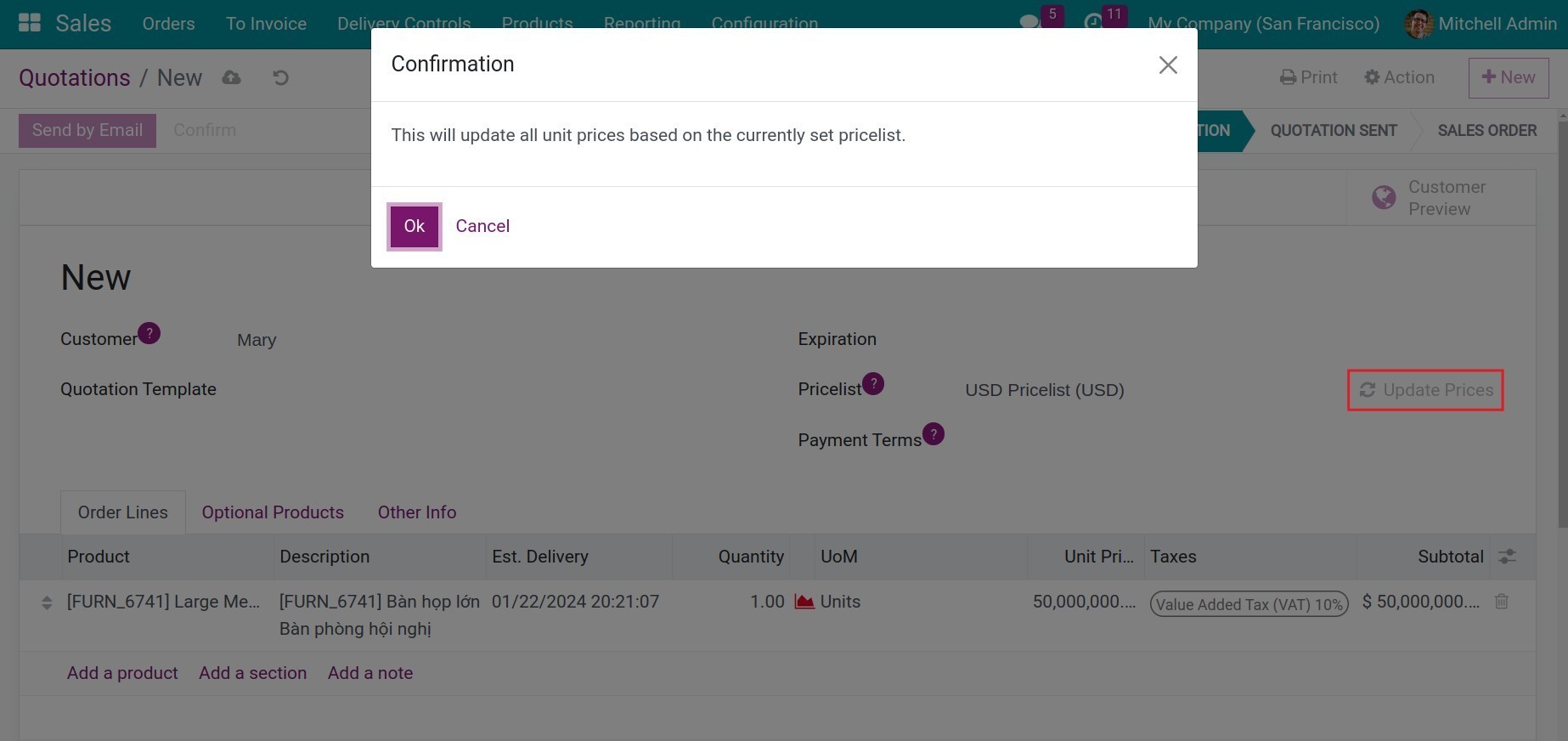 Updated price on a quotation