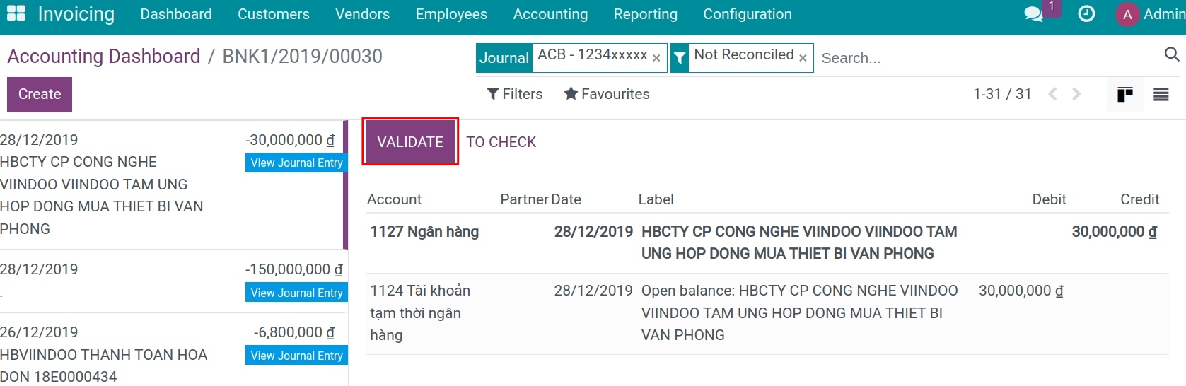 Reconcile bank statement Viindoo accounting software