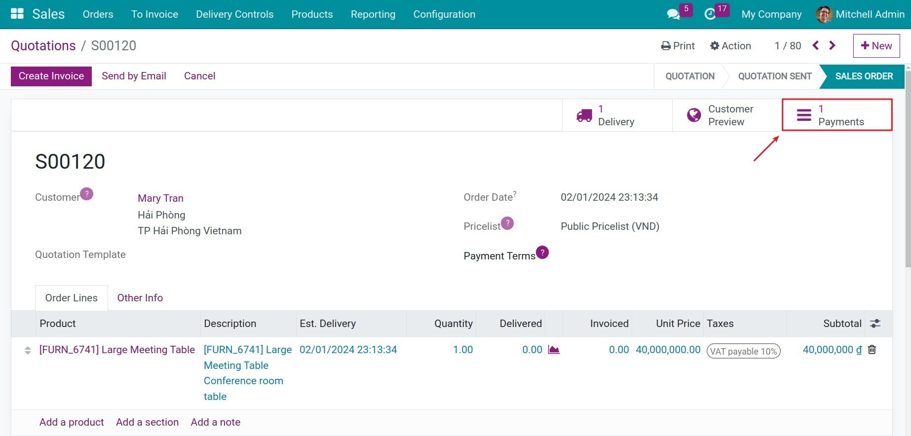 Record the payment in Sales Order