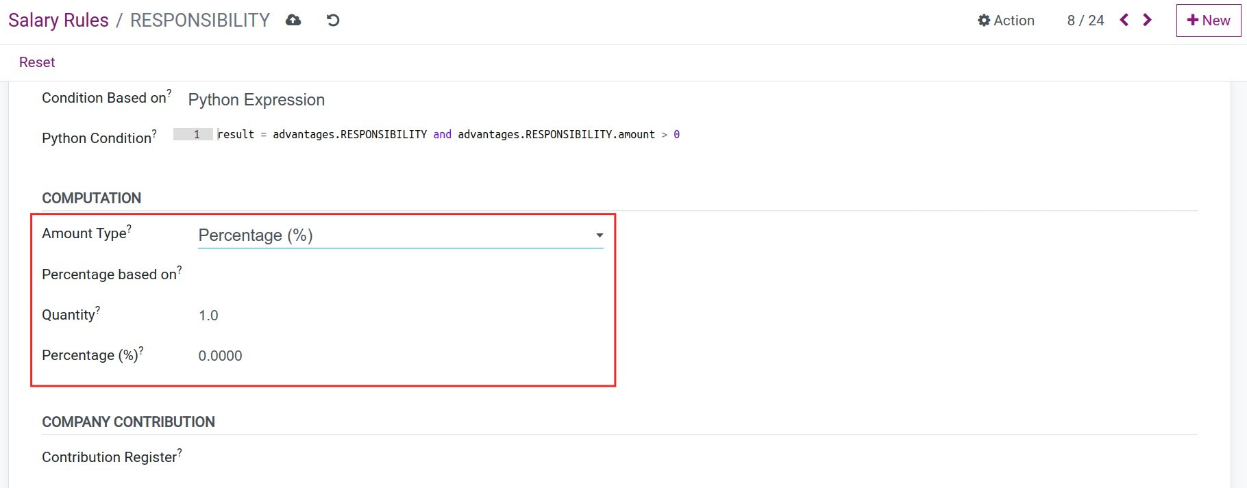 Percentage calculation formula type Salary Rule Payroll Viindoo