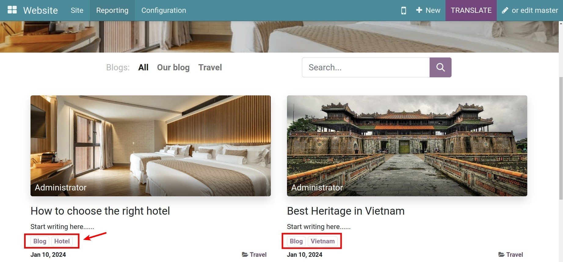 blog tags on the website in Viindoo