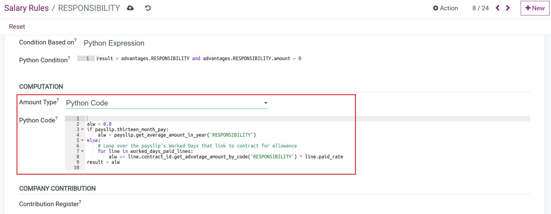 Python expression code calculation formula type Salary Rule Payroll Viindoo