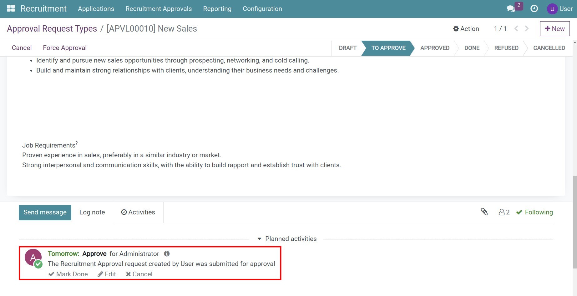 scheduled activity for the approver