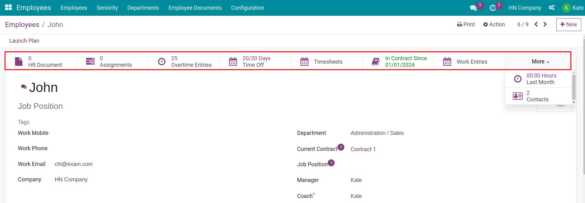 Viindoo smart buttons on the employee view