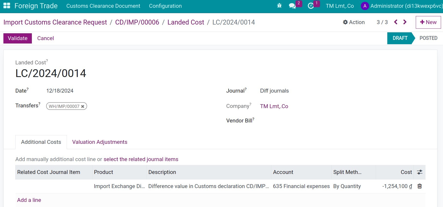 landed cost for exchange diff