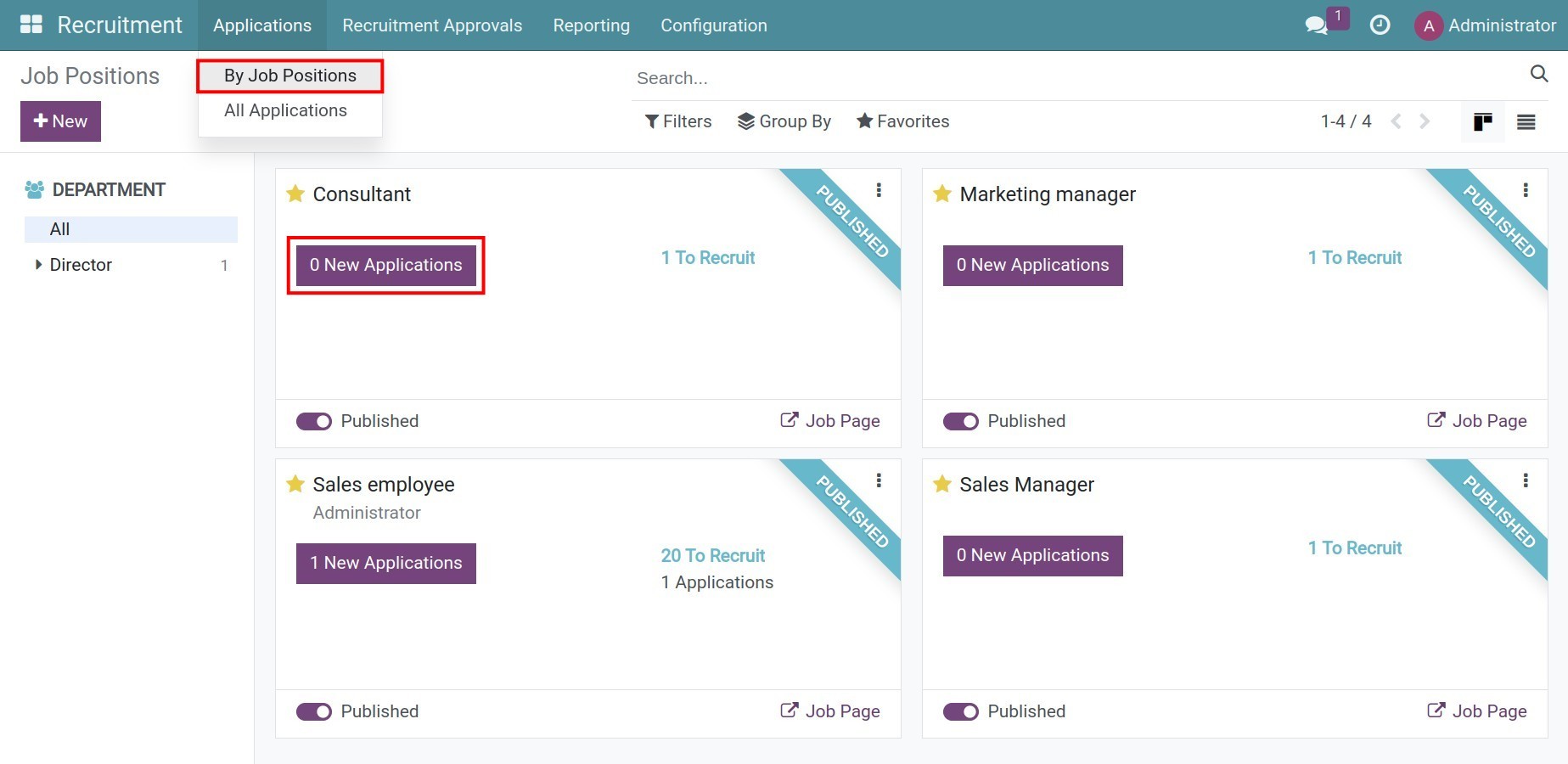 Applications button in Job Positions