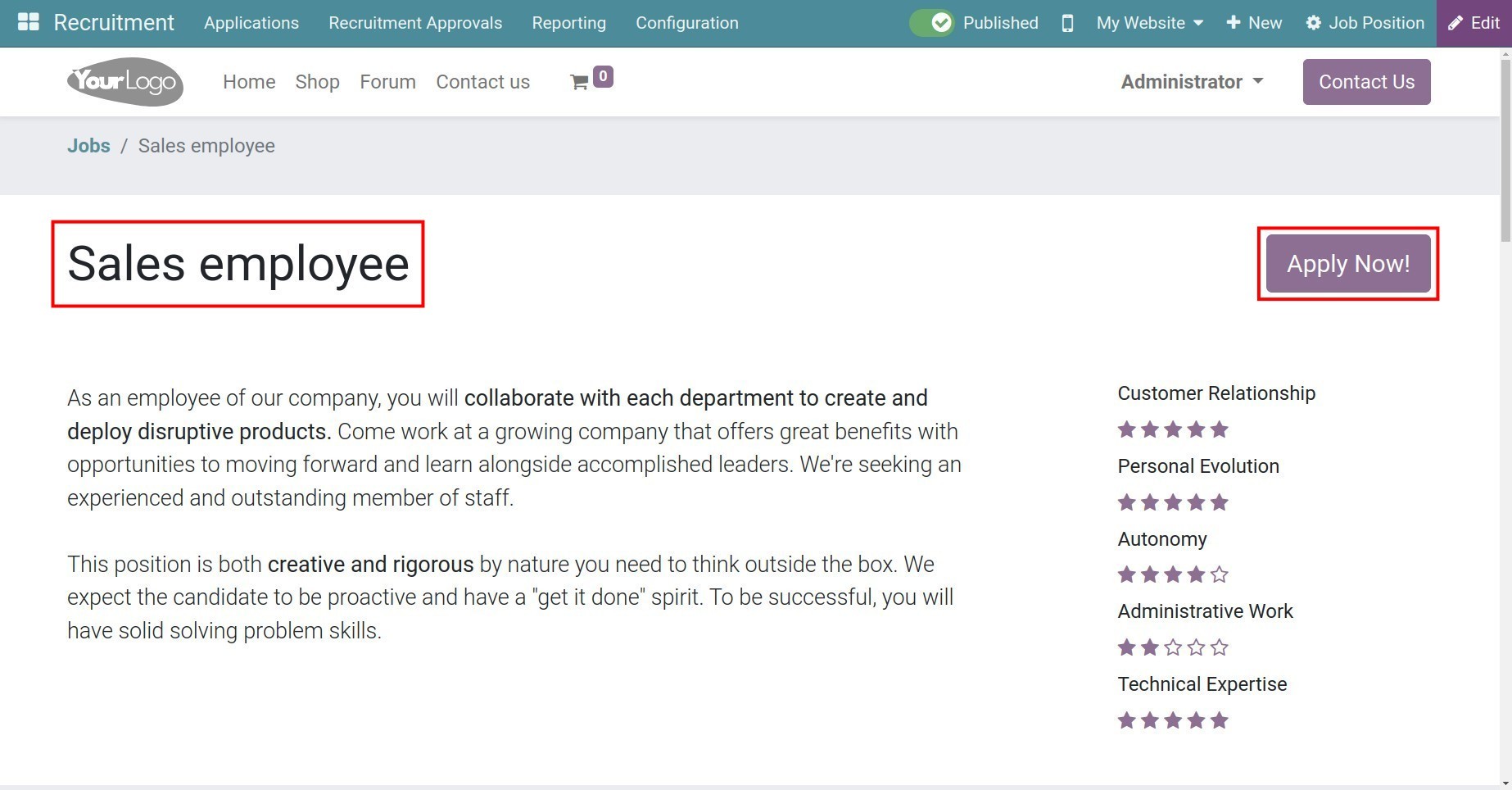Published job positions on website