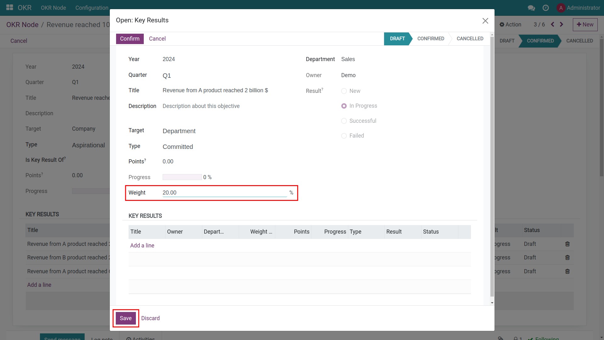 Configure weight for each key result in Viindoo OKR