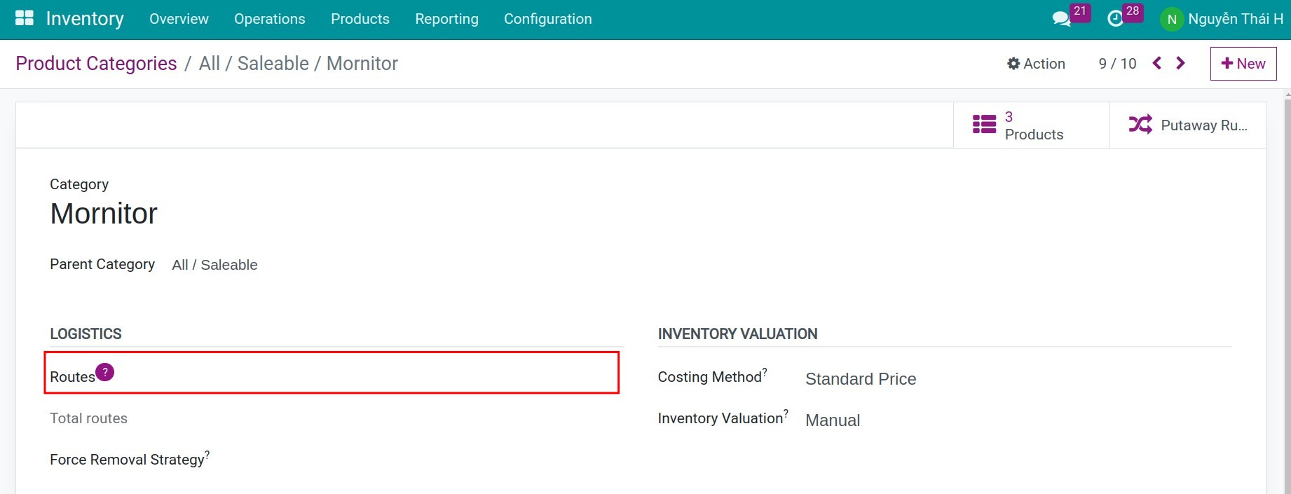 Route configuration on Product Category Inventory Viindoo