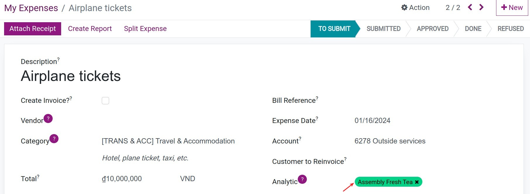 Analytic account in Employee Expenses Viindoo