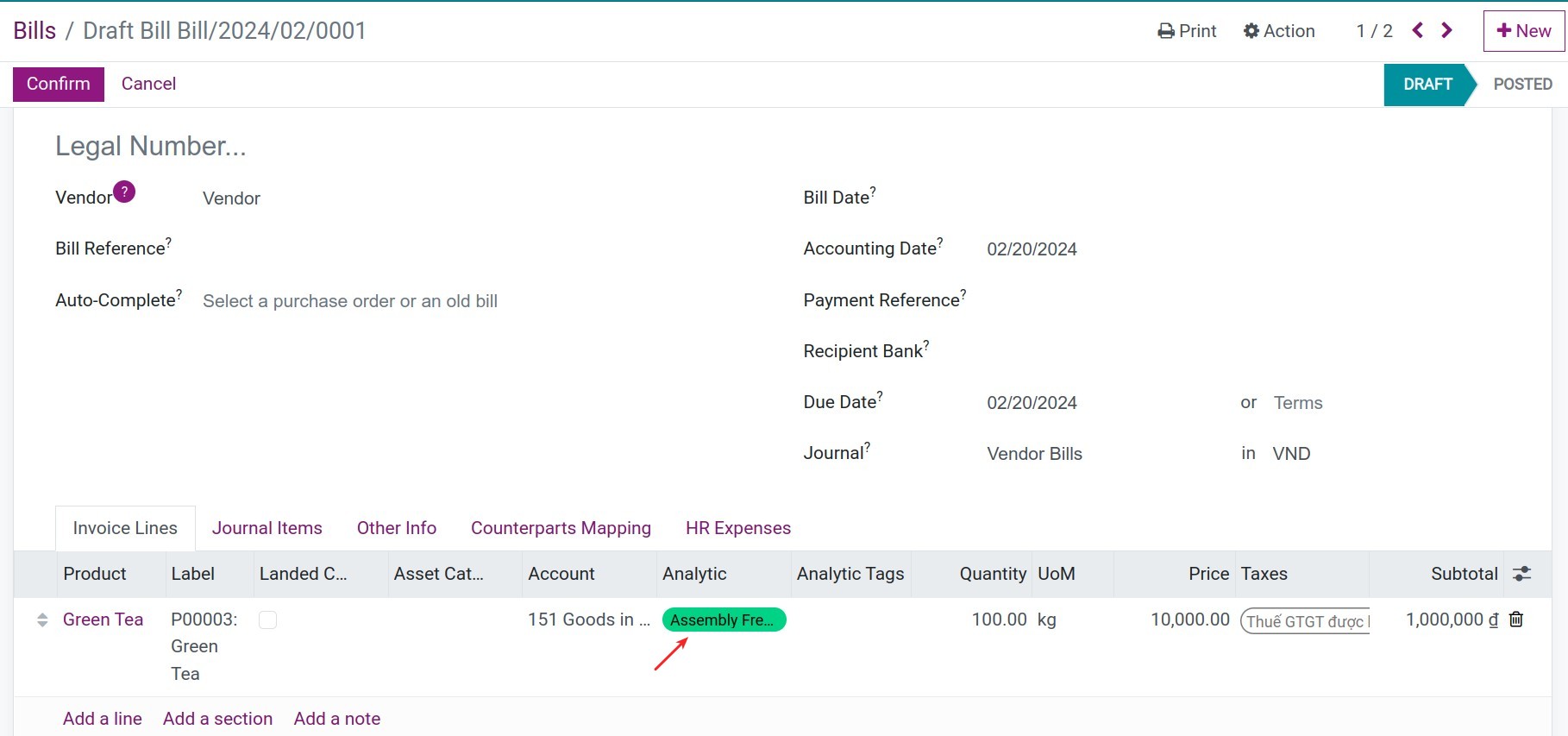 Analytic account in vendor bills Viindoo