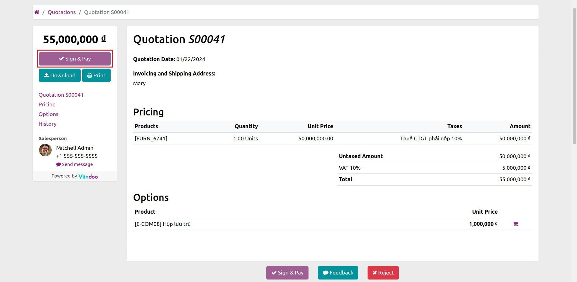 Online quotation on the website - Viindoo