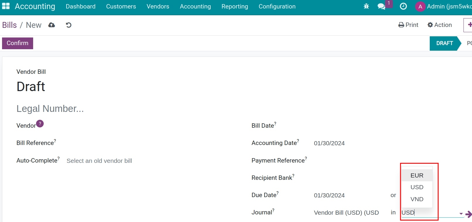 Choose the foreign currency at invoice form Viindoo