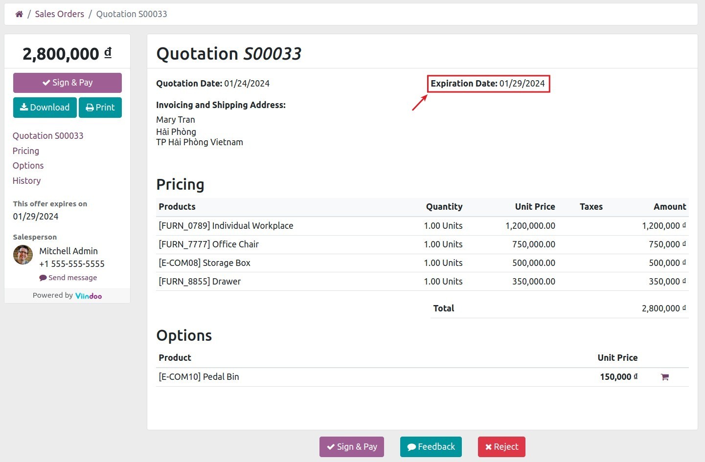 Expiration dates of quotation in Viindoo