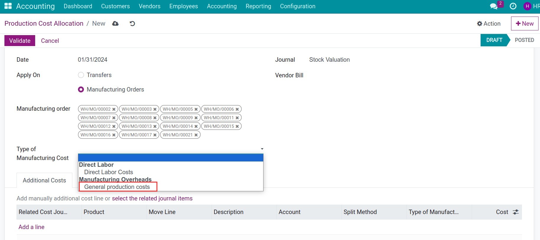 Type of Manufacturing Costs in Viindoo