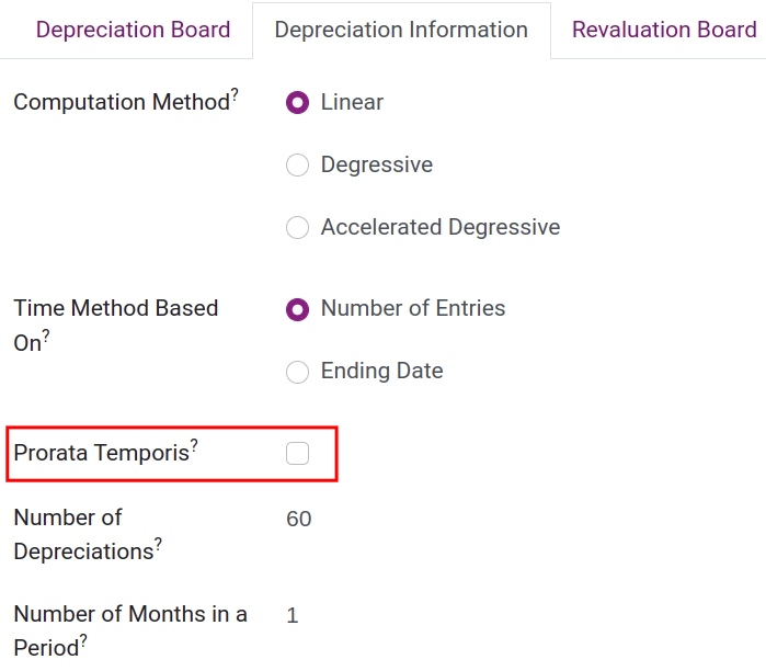 Depreciation Information tab when Prorata Temporis is not ticked.