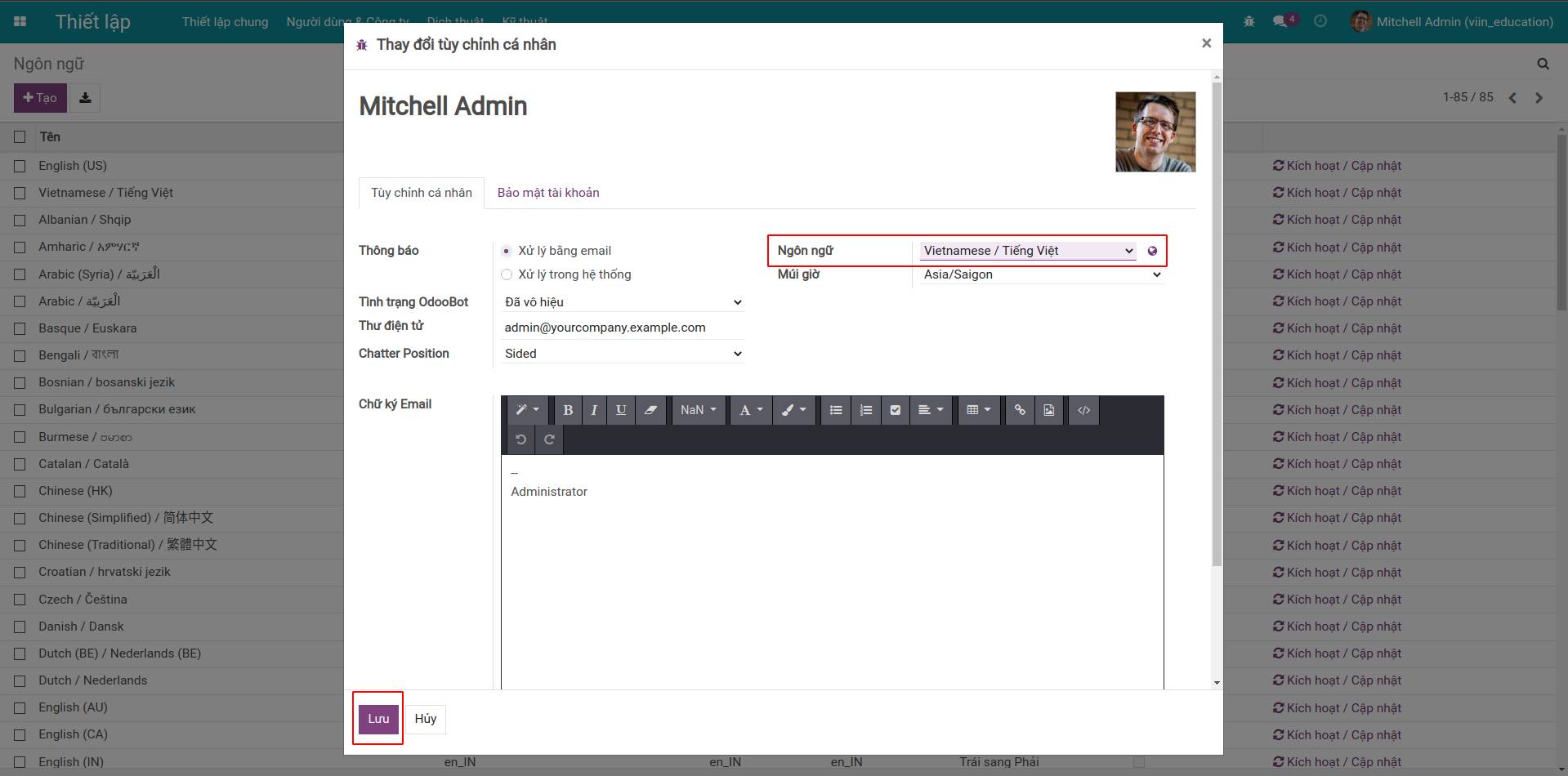 Thay đổi ngôn ngữ của user