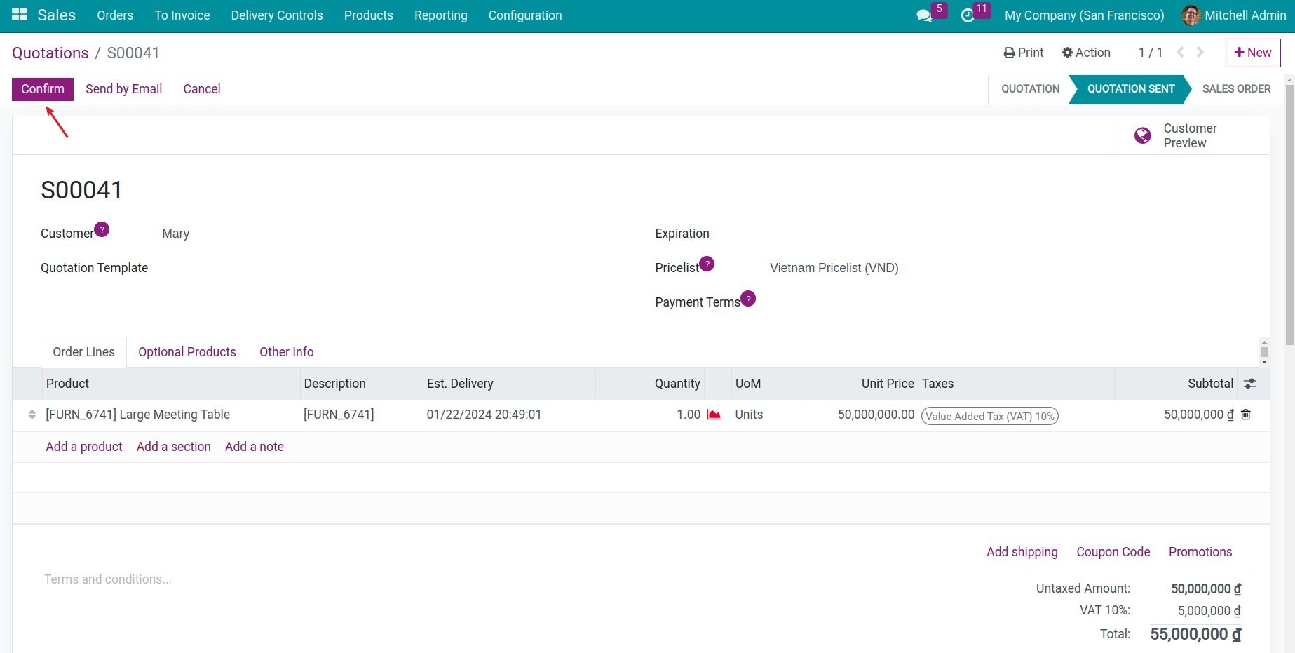 Confirm a quotation in Viindoo