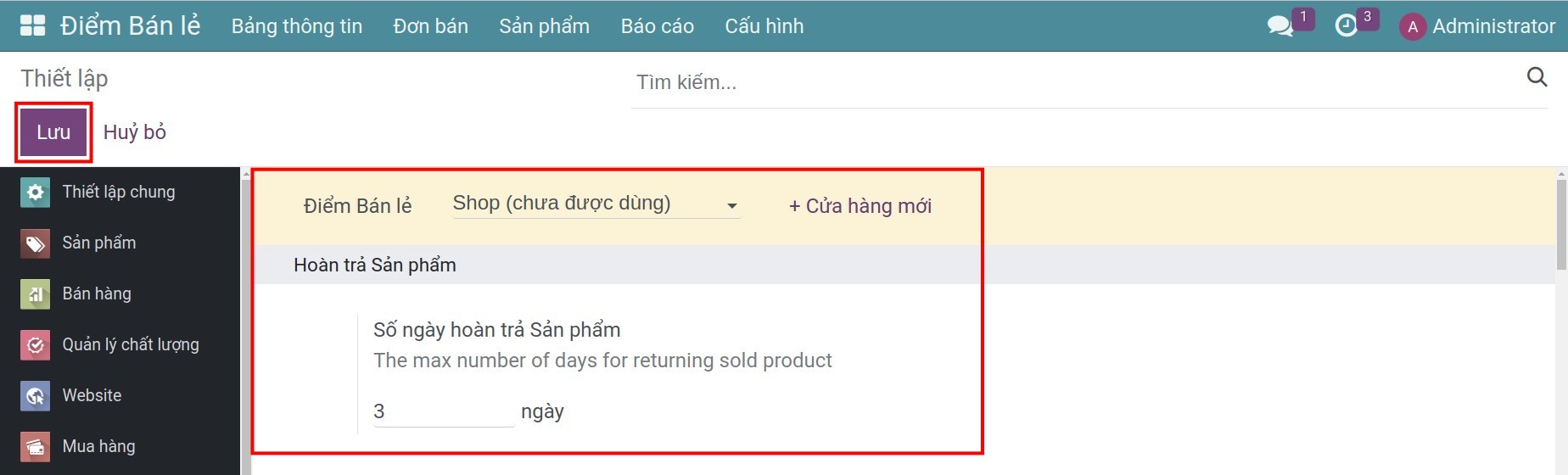 Thiết lập Số ngày Hoàn trả sản phẩm