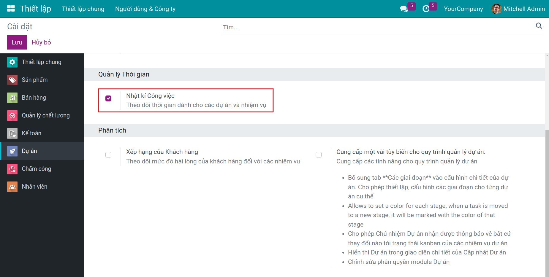 Kích hoạt tính năng nhật ký công việc trên Dự án Viindoo