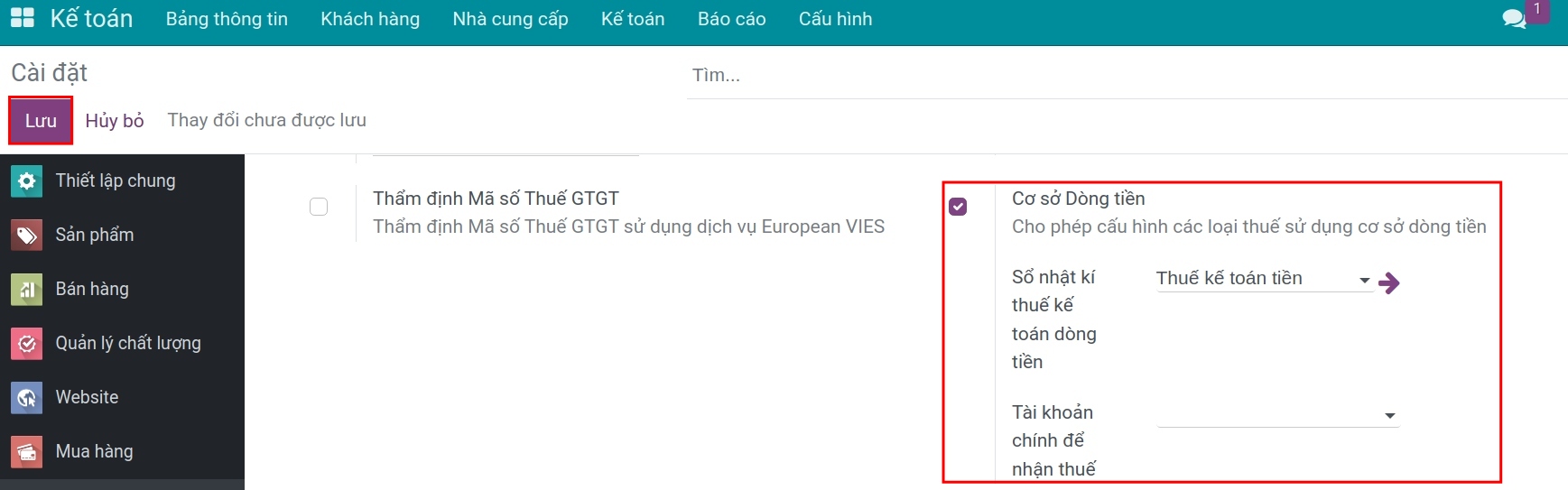 Kích hoạt tính năng Cơ sở dòng tiền