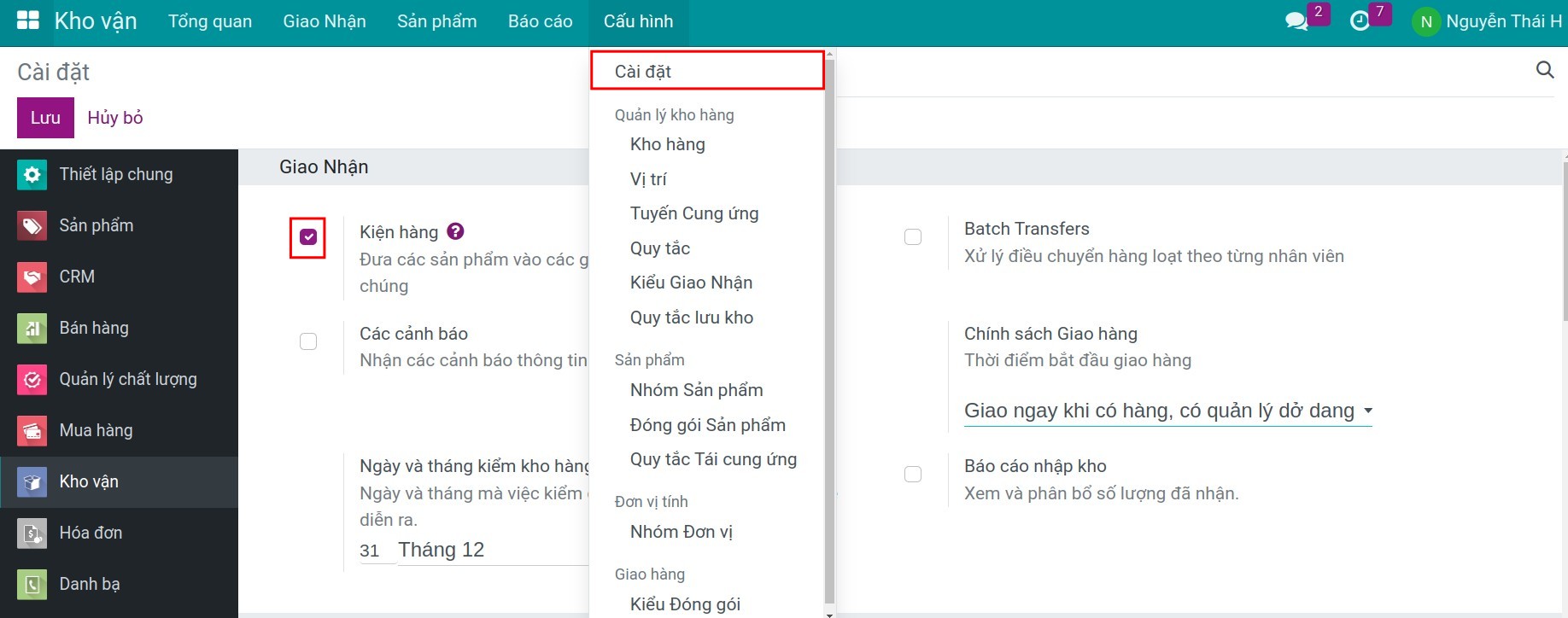 Kích hoạt tính năng gói hàng trong Phần mềm Quản lý kho của Viindoo