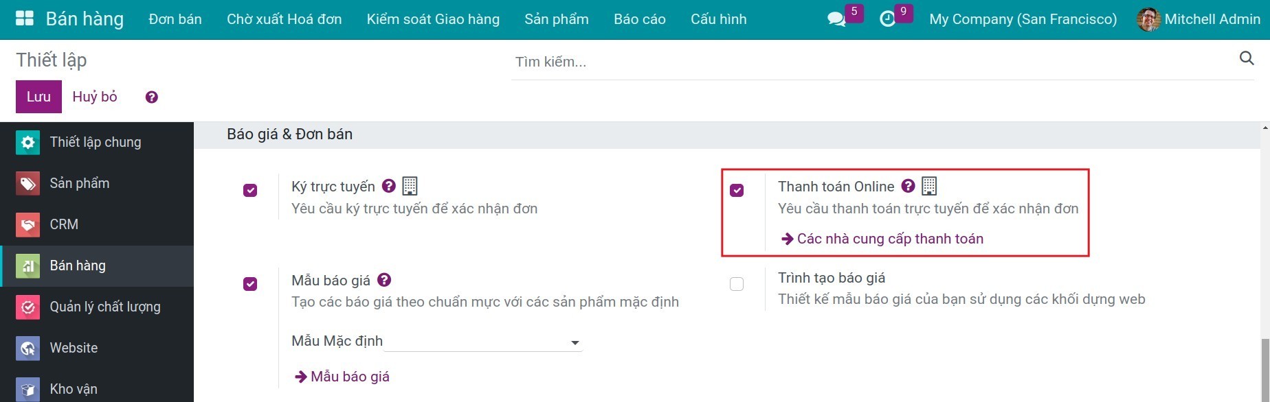 Kích hoạt tính năng thanh toán trực tuyến Online Payment- Viindoo.