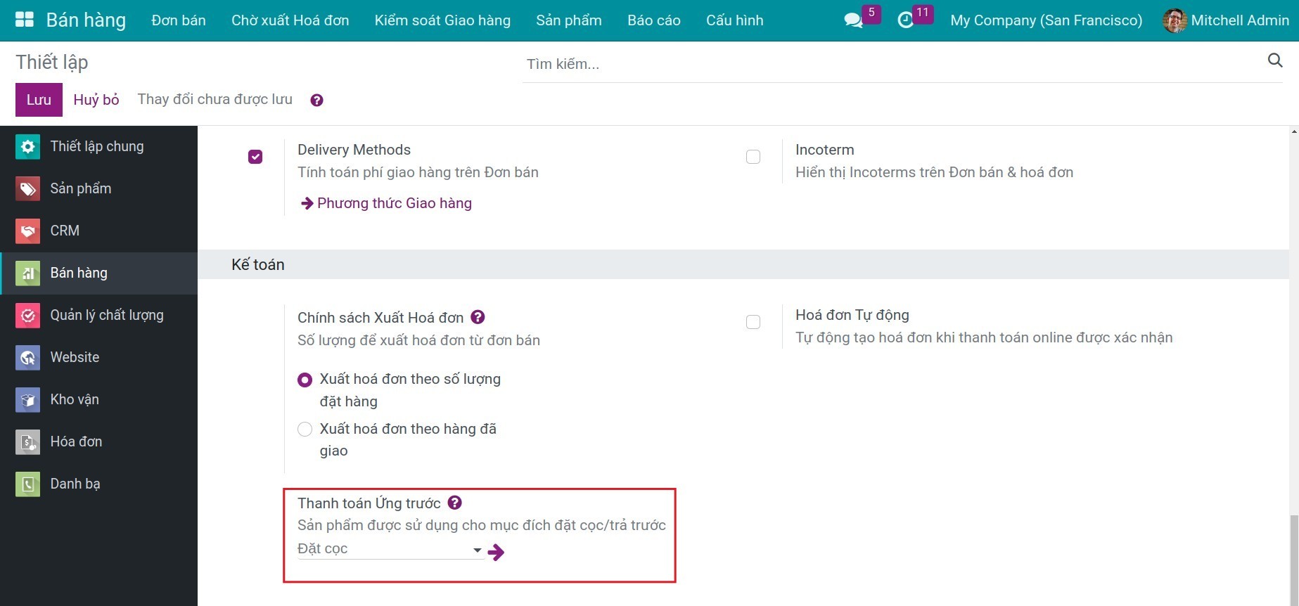 Thiết lập sản phẩm mặc định Tiền trả trước - Viindoo