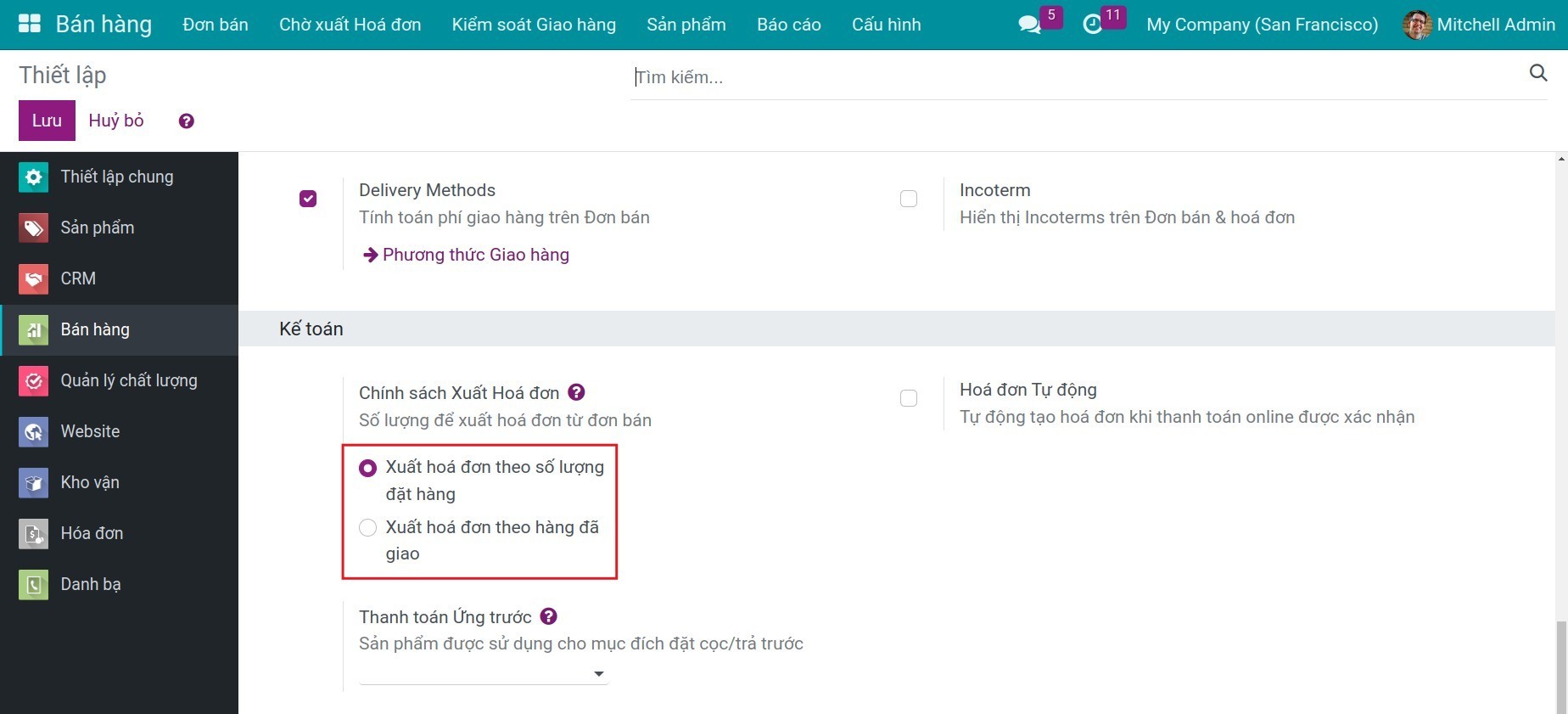 Lựa chọn phương thức lập hóa đơn mặc định Invoice Viindoo