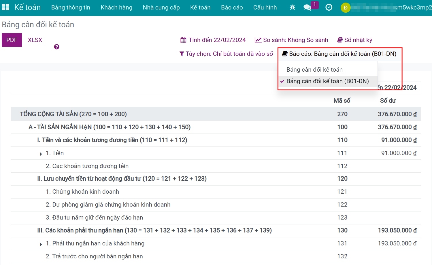 Giao diện xem bộ báo cáo theo chuẩn Việt Nam