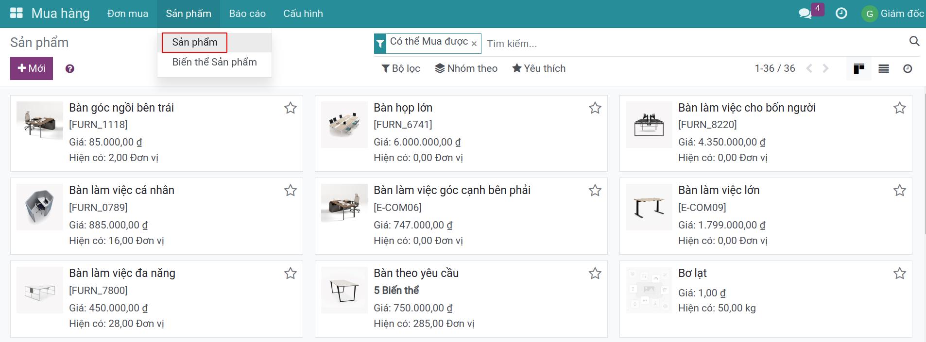 Menu sản phẩm - Viindoo