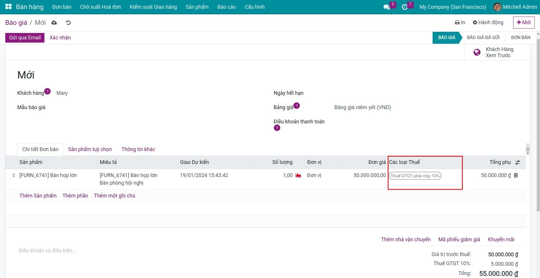 Thuế được chọn mặc định trên đơn bán.