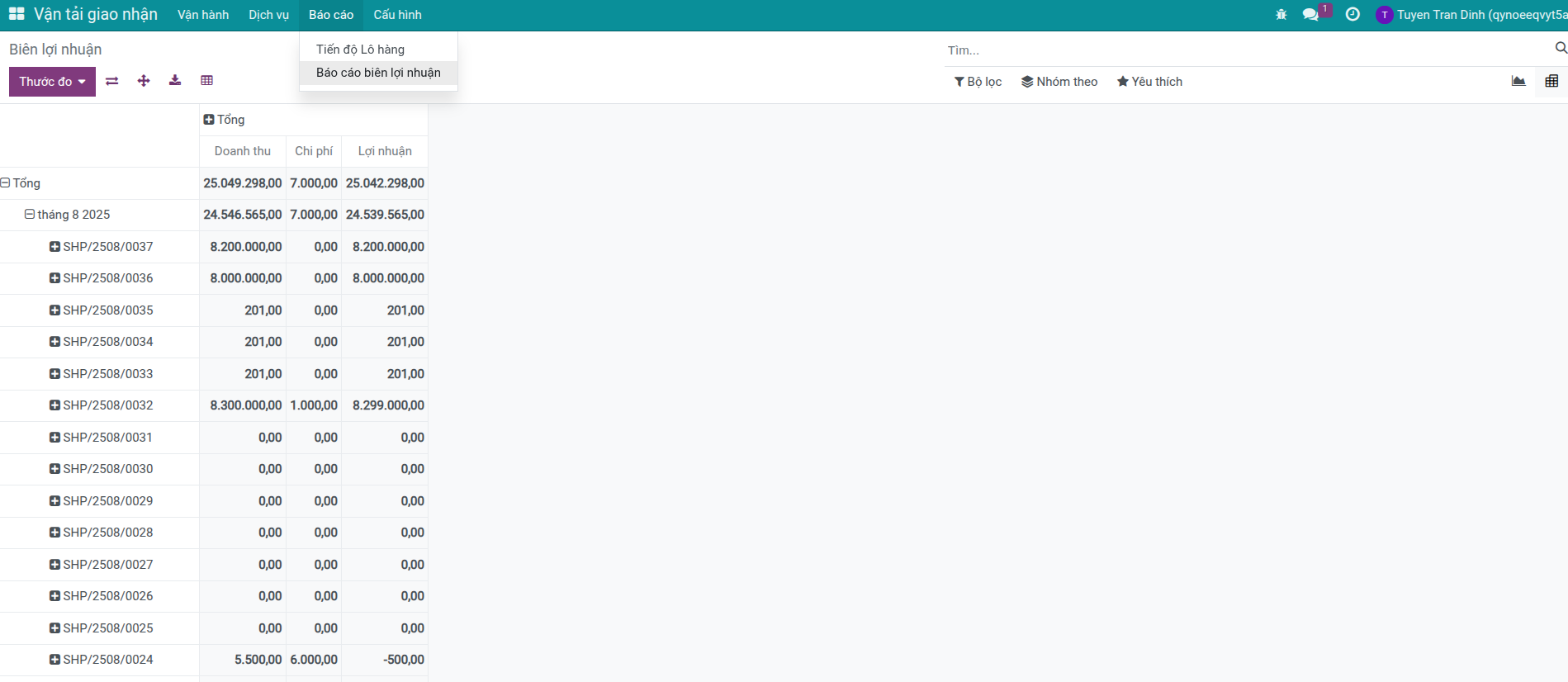 Giao diện biểu đồ báo cáo Profitability