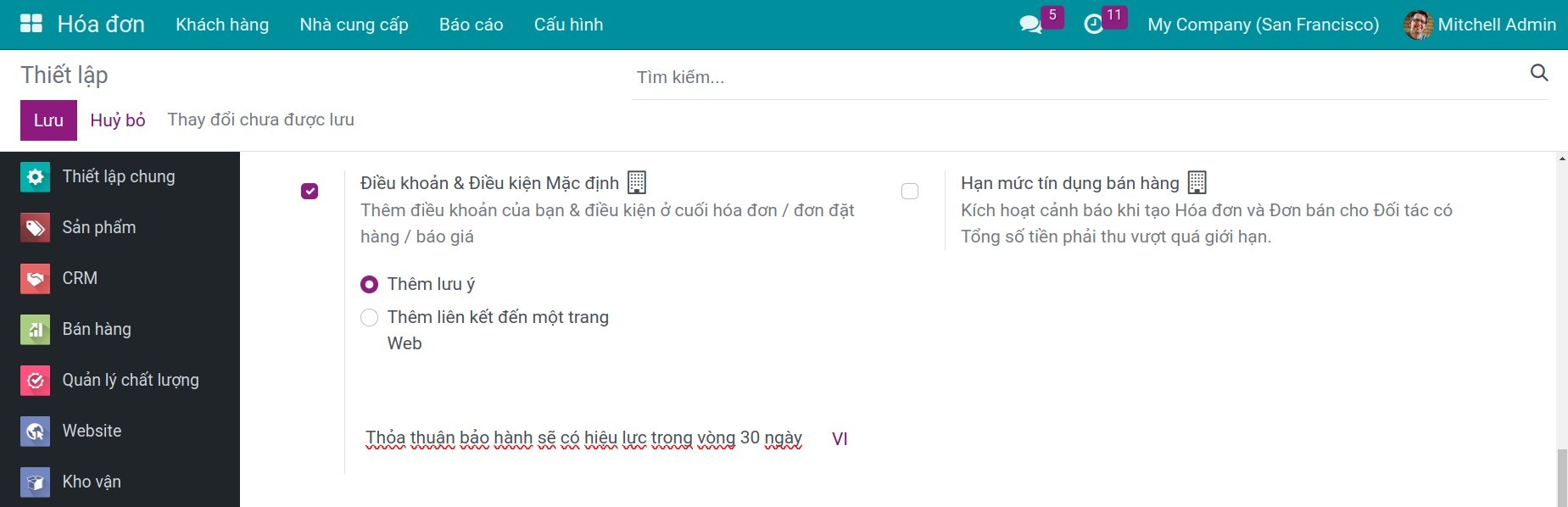 Thêm lưu ý cho điều kiện và điều khoản mặc định trên Viindoo