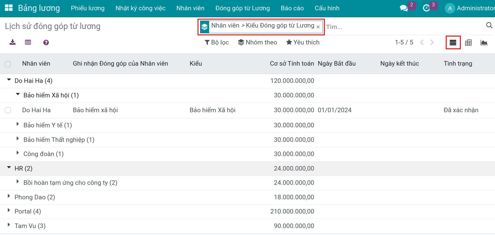 Báo cáo lịch sử đóng góp từ lương dạng danh sách - Kế toán lương Viindoo