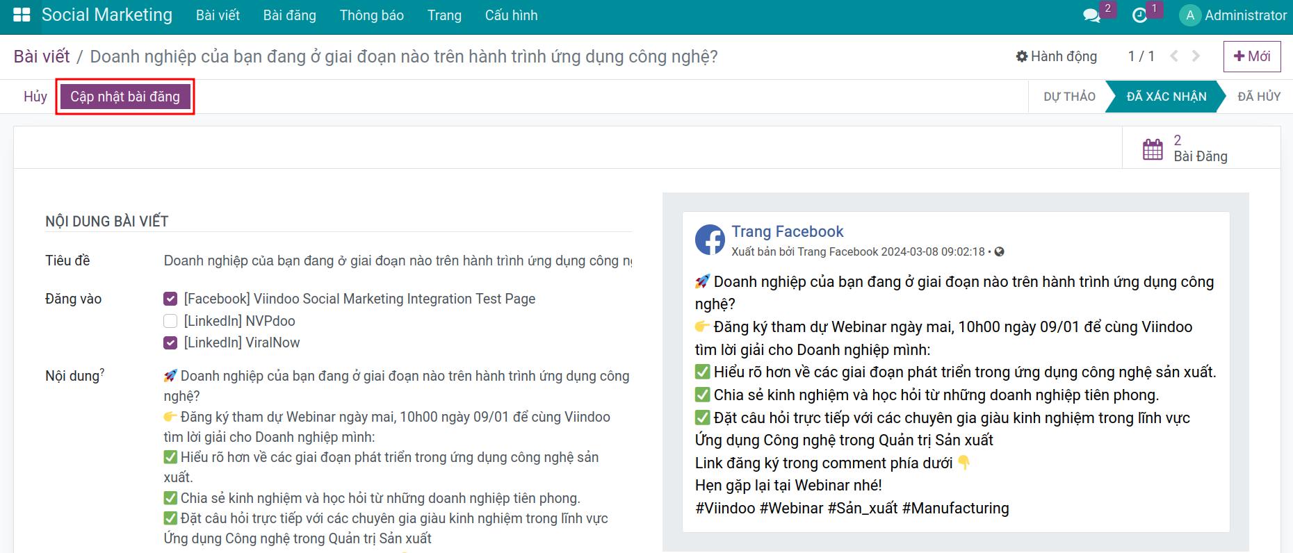 Cập nhật bài đăng trên ứng dụng Social Marketing
