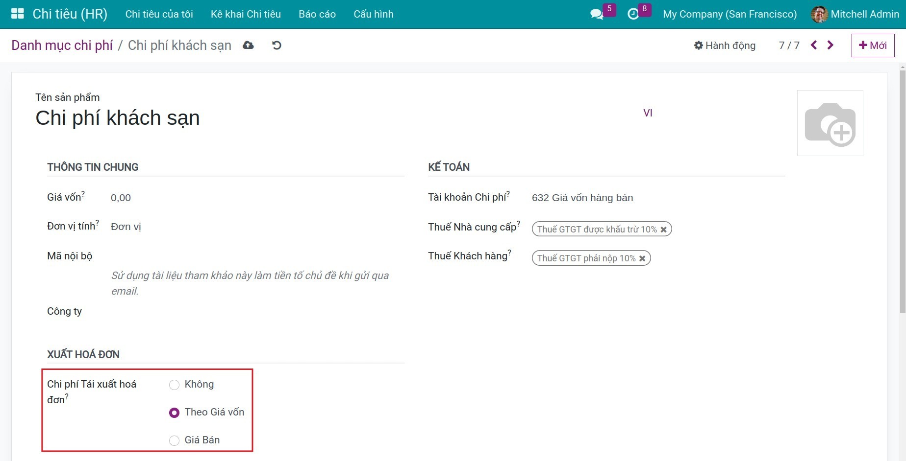 Cấu hình sản phẩm chi phí.