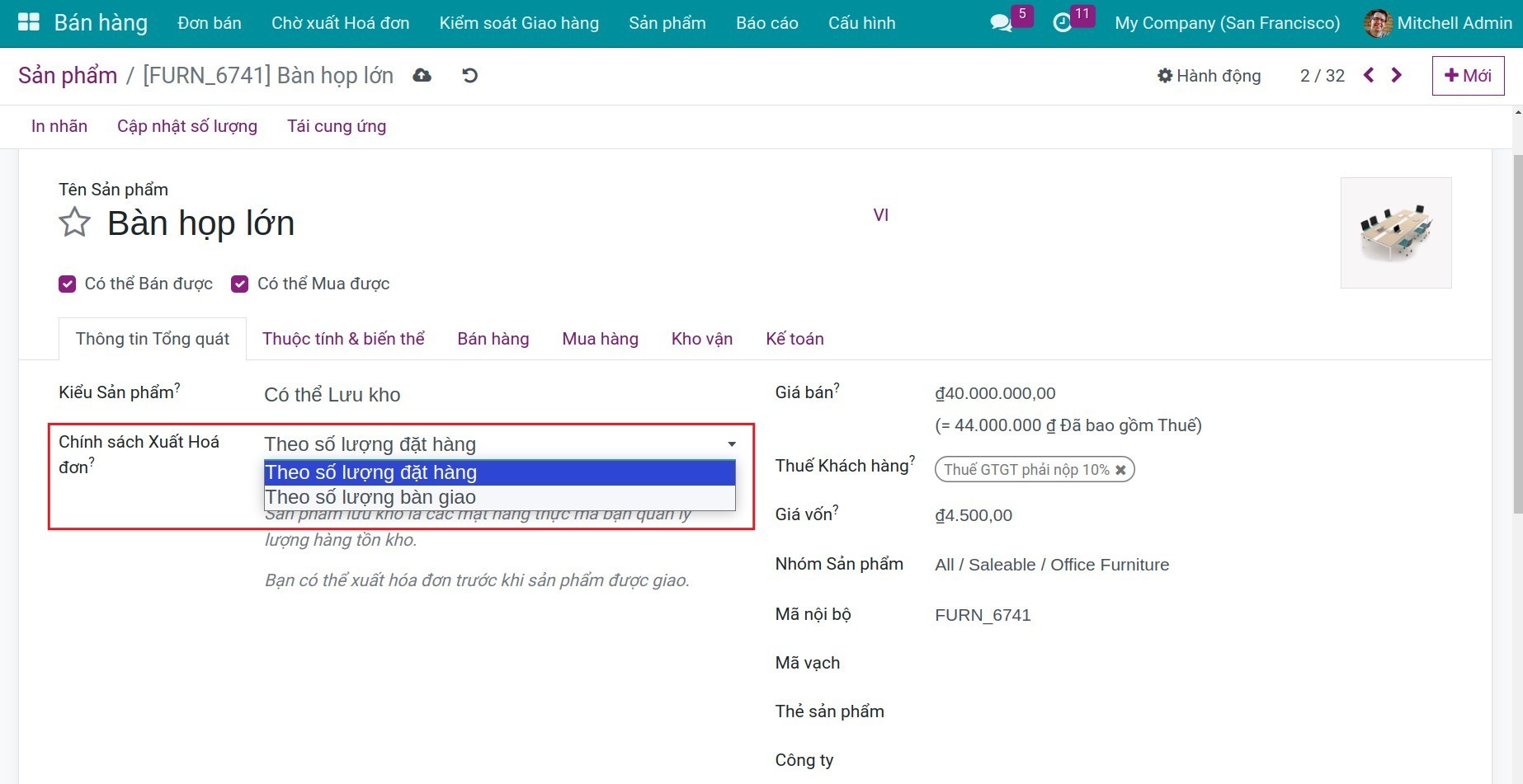 Chọn chính sách lập hóa đơn Invoice Viindoo