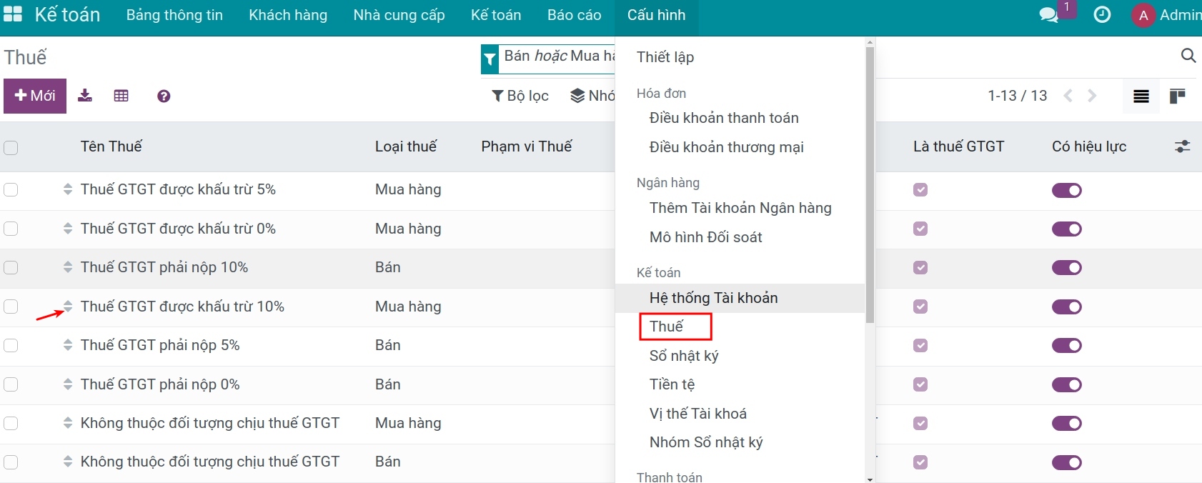 Chọn thuế cần điều chỉnh thiết lập