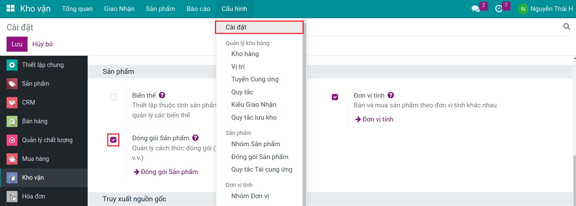 Kích hoạt tính năng đóng gói sản phẩm trong Phần mềm Quản lý kho của Viindoo