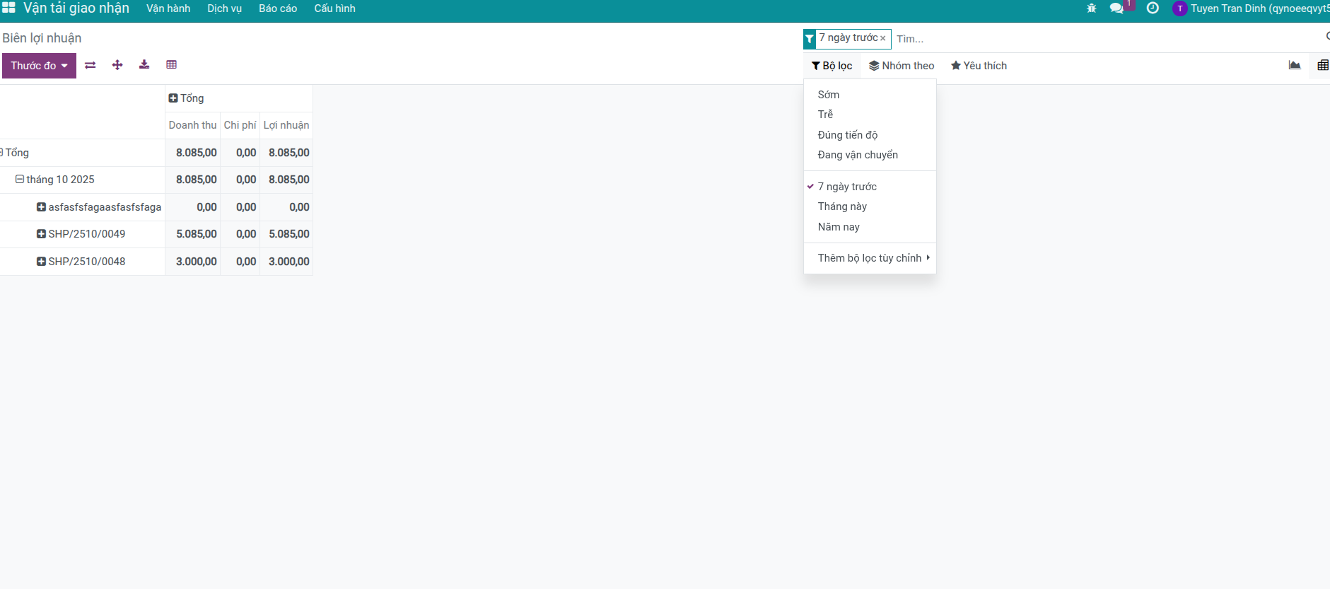 Bộ lọc của báo cáo Profitability