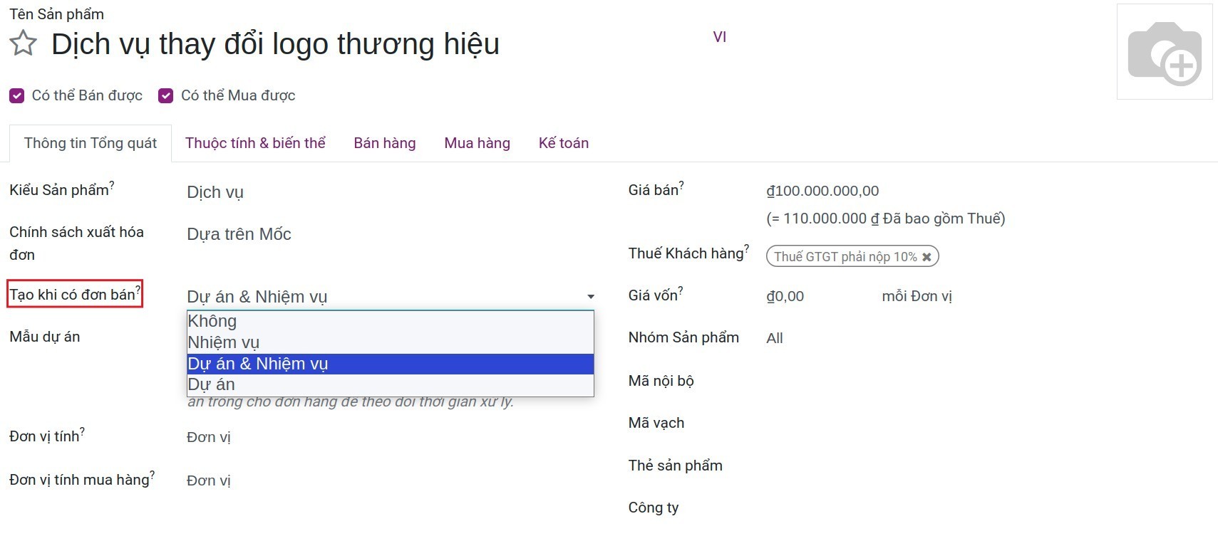 Tạo nhiệm vụ hoặc dự án khi có đơn bán chứa sản phẩm dựa trên mốc trong Viindoo