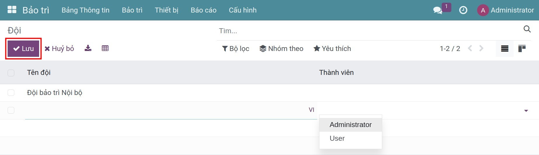 Thiết lập thông tin đội bảo trì