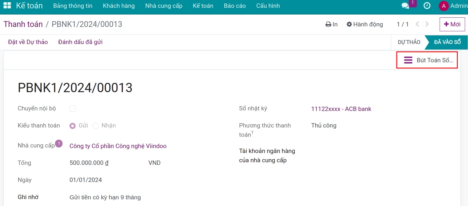 Xem bút toán kế toán trên Viindoo